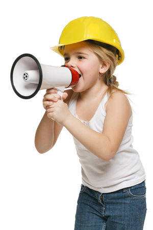 Little girl builder in yellow helmet screaming into loudspeaker @paffy